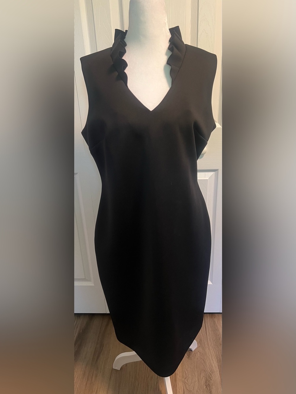 Calvin Klein Ruffled V-Neck Sheath Dress in Black
